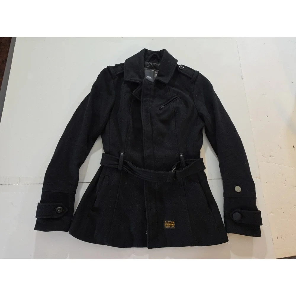 G-STAR RAW 3301 Women's Solar Wool Coat XS Black Belted Military Pea Jacket - Picture 2 of 16